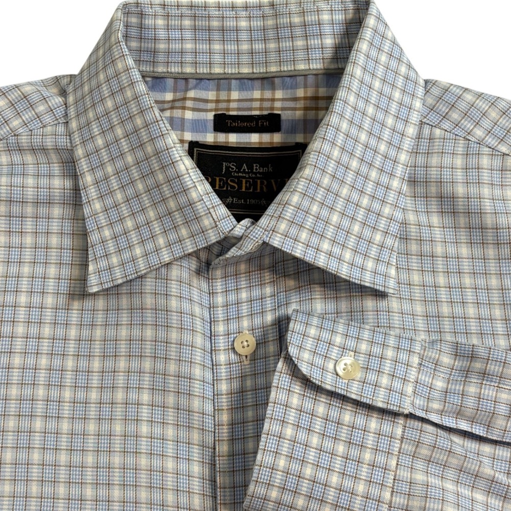 JOS A Bank Reserve Tailored Fit Mens L Gingham Blue Check Dress Shirt